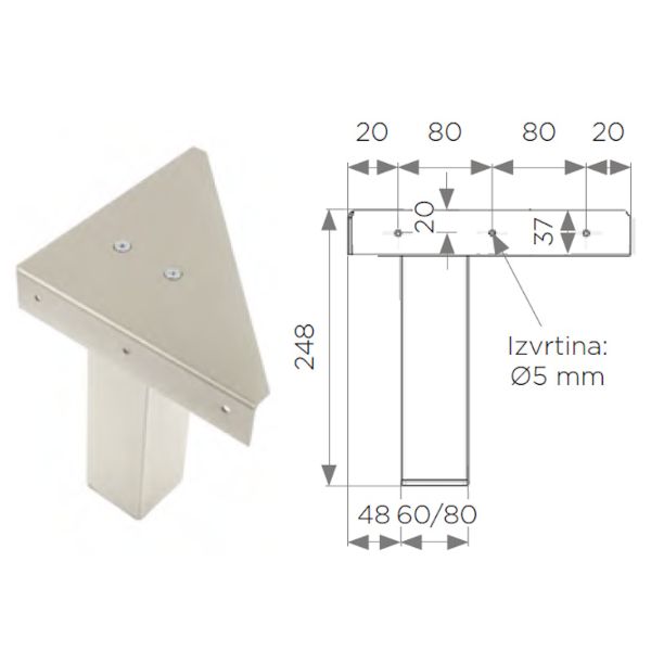 Posteljna noga Star 80x80x245 mm z ploščo (RAL 9006)