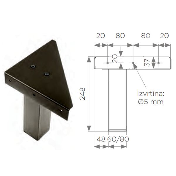 Posteljna noga Star 80x80x245 mm z ploščo (RAL 9006)